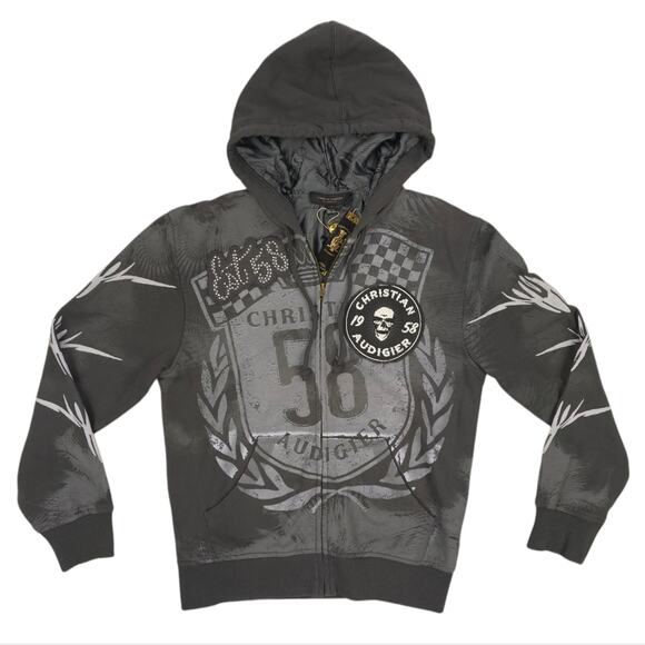 Christian Audigier Mens Platinum Hoodie Striped Crest - Picture 1 of 12